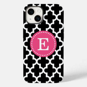 Funda Para iPhone 14 Negro y Rosa Moderno Monograma Marroquí
