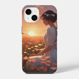 Funda Para iPhone 14 Niña animada en blanco sentada en un campo de flor