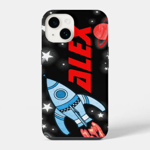 Funda Para iPhone 14 Nombre 4 letra espacio de cohetes negro