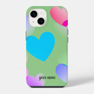 Funda Para iPhone 14 Nombre Corazones brillantes coloridos, verde sabio