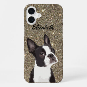 Funda Para iPhone 16 Plus Nombre de Boston Terrier con brillo dorado para pe