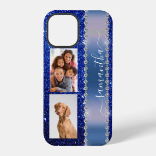 Funda Para iPhone 12 Pro Nombre de Caligrafía con Brillo de Diamante Azul M