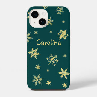 Funda Para iPhone 14 nombre de copos de nieve de color dorado verde azu