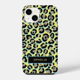 Funda Para iPhone 14 Nombre de estampado de leopardo con brillo azul am