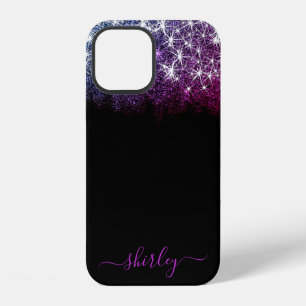 Funda Para iPhone 12 Nombre de Estrellas de Galaxia Púrpura con Brillo 