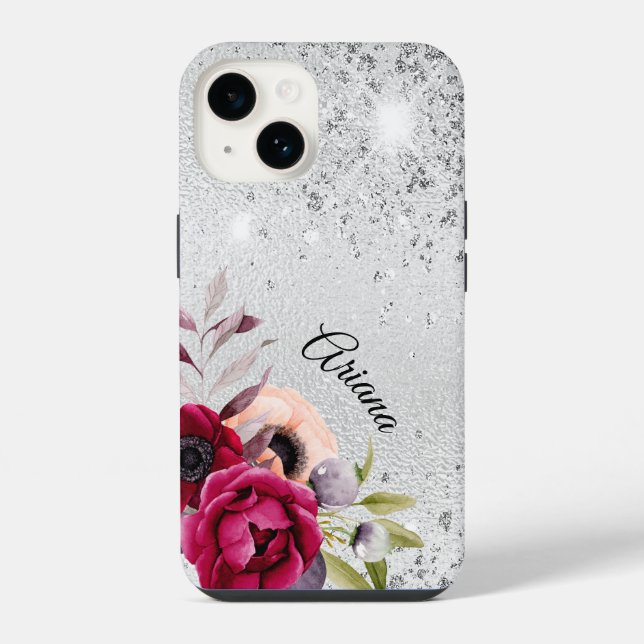Funda Para iPhone nombre de flores de Borgoña plateada (Reverso )