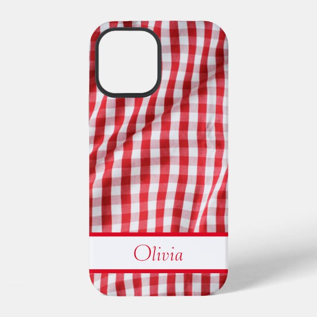 Funda Para iPhone Nombre de Gingham Rojo Simple Moderno (Reverso )