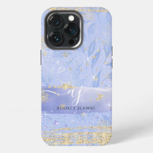Funda Para iPhone 13 Pro Nombre de guión de follaje de joya azul brillo dor