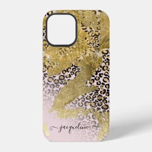 Funda Para iPhone 12 Nombre de guión de impresión de leopardo chic rosa