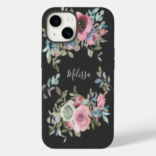 Funda Para iPhone 14 Nombre de guión floral boho marrón oscuro acuarela