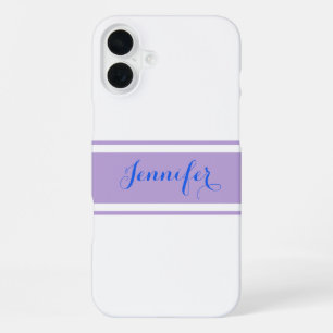 Funda Para iPhone 16 Plus Nombre de guión grande azul, rayas de lavanda sobr