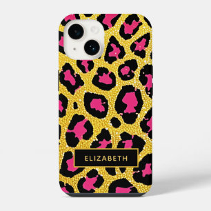 Funda Para iPhone 14 Nombre de Impresión de Leopardo con Brillo Dorado