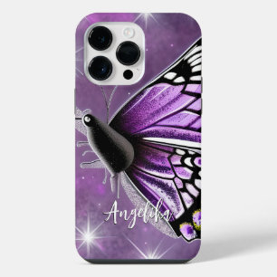 Funda Para iPhone 14 Pro Max Nombre de mariposa floral morada y plateada