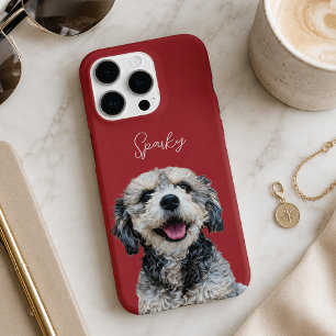 Funda Para iPhone 16 Pro Nombre de mascota moderno en rojo cereza con foto