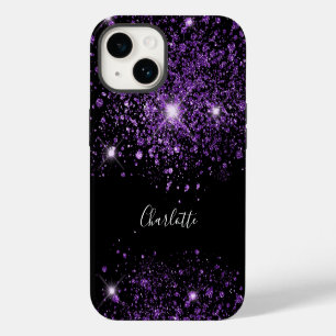 Funda Para iPhone 14 Nombre de monograma con brillo negro morado