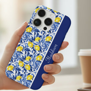 Funda Para iPhone 16 Pro Nombre de monograma con patrón de limón acuarela a
