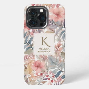 Funda Para iPhone 13 Pro Nombre de monograma de acuarela floral rosa vintag