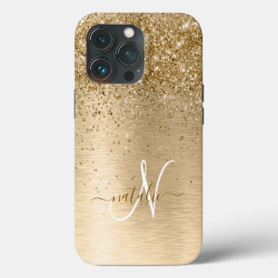 Funda Para iPhone 13 Pro Nombre de monograma de metal cepillado dorado con
