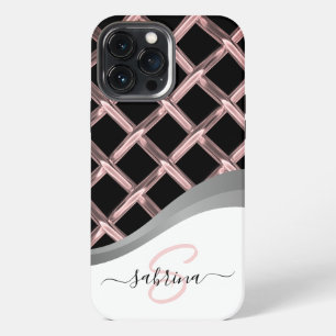 Funda Para iPhone 13 Pro Max Nombre de monograma de metal negro y plata elegant