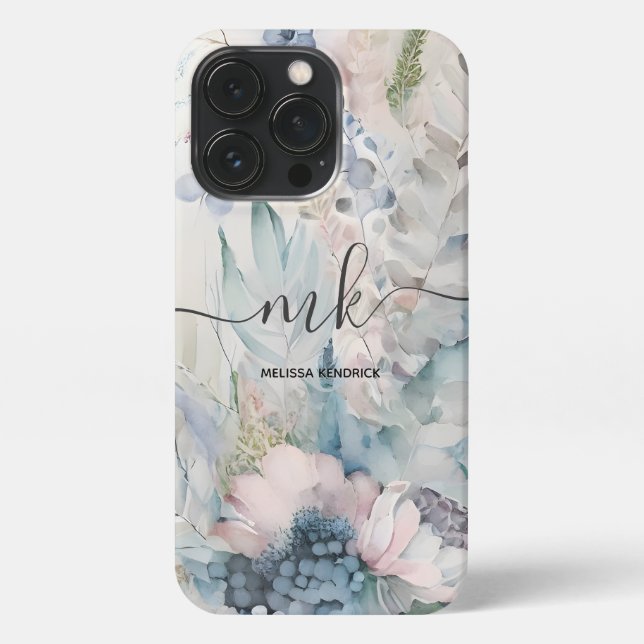 Funda Para iPhone Nombre de monograma froral inmaculado Rubor rosa (Reverso)