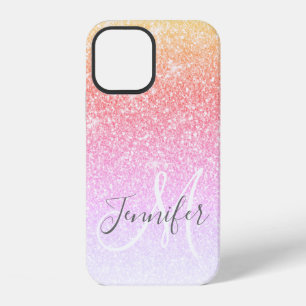 Funda Para iPhone 12 Nombre de monograma rosa arcoíris brillo femenino