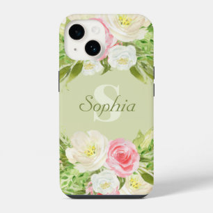 Funda Para iPhone 14 Nombre de monograma verde rosa floral acuarela