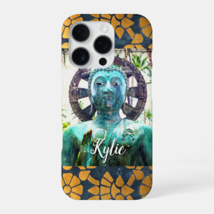 Funda Para iPhone 16 Pro Nombre de mosaico azul oro audaz foto Buda turques