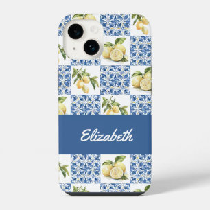Funda Para iPhone 14 Nombre de patrón de limón country francés con azul