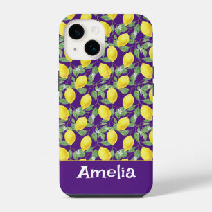 Funda Para iPhone 14 Nombre de patrón morado amarillo limón