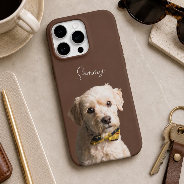 Funda Para iPhone Nombre de perro moderno en marrón chocolate con fo (Subido por el creador)