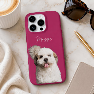 Funda Para iPhone 16 Pro Nombre de perro moderno magenta rosa con foto y le