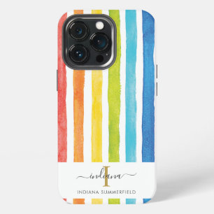 Funda Para iPhone 13 Pro Nombre de rayas de arcoíris de acuarela con monogr