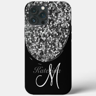 Funda Para iPhone 13 Pro Max Nombre del destello del Purpurina de plata negra p