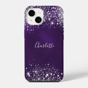 Funda Para iPhone 14 Nombre del monograma de polvo del purpurina de pla
