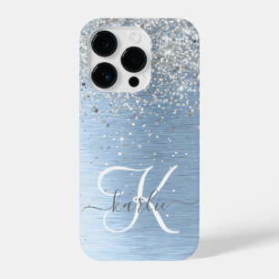 Funda Para iPhone 14 Pro Nombre del monograma del Purpurina plateado Metali