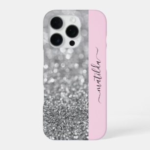Funda Para iPhone 16 Pro Nombre EDITABLE Purpurina Bokeh plata y rosa bebé