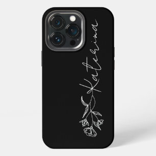 Funda Para iPhone 13 Pro Nombre floral blanco y negro personalizado
