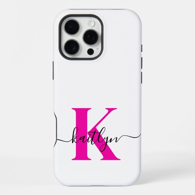 Funda Para iPhone Nombre inicial negro rosado caliente monogramado (Reverso )