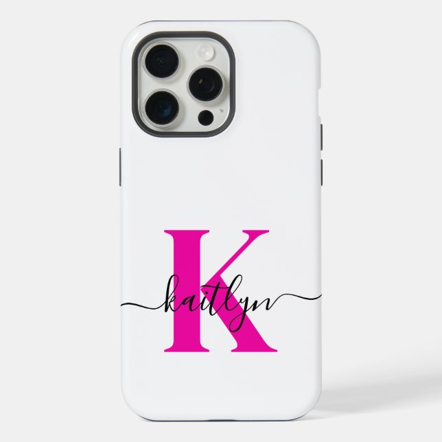 Funda Para iPhone Nombre inicial negro rosado caliente monogramado (Reverso )