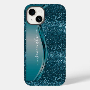 Funda Para iPhone 14 Nombre Manuscrito Azul Turquesa Brillo Metálico 13