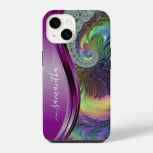 Funda Para iPhone 14 Nombre Manuscrito Fractal Moderno Púrpura