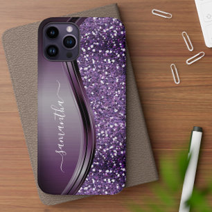 Funda Para iPhone 12 Nombre Manuscrito Glam Morado Brillo Metálico