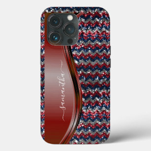 Funda Para iPhone 13 Pro Nombre Manuscrito Glam Rojo blanco azul Brillo