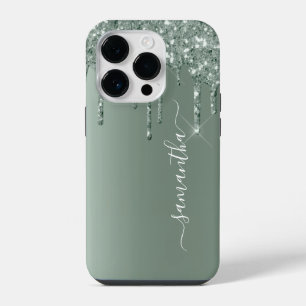 Funda Para iPhone 14 Pro Nombre Manuscrito Verde Oscuro Con Brillo De Metal