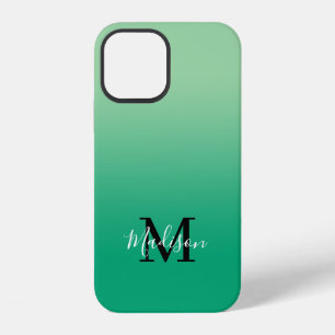 Funda Para iPhone 12 Nombre moderno Monograma luz a degradado verde osc
