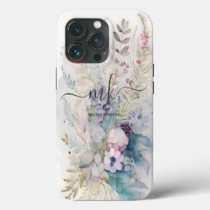 Funda Para iPhone 13 Pro Nombre Monograma Helechos Bayas Florales Vintage