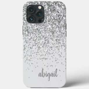 Funda Para iPhone 13 Pro Max Nombre Monograma Moderno Elegante Plata Brillante