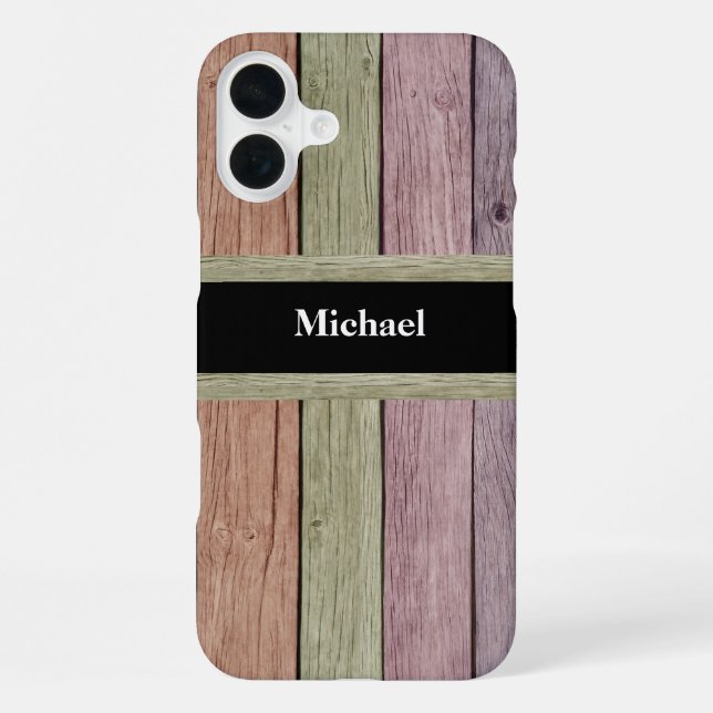 Funda Para iPhone Nombre personalizable con textura de madera rústic (Reverso )