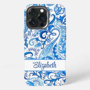 Funda Para iPhone 13 Pro Nombre personalizado azul y blanco Paisley