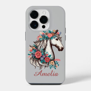 Funda Para iPhone 14 Pro Nombre personalizado Boho Horse con flores